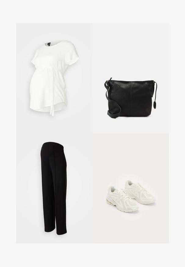 Balta nėštumo maikutė su trumpomis rankovėmis, apvaliu kaklu ir prijuostės stiliaus dizainu. Savybės: surištas diržas liemenyje ir minkšta, lygi audinio tekstūra.; Juodos, aukštu juosmeniu kelnės su tiesiu fasonu, turinčios lygų paviršių ir be matomų užsegimų, akcentuotos šoninių siūlių detalėmis.; Balti sportiniai bateliai su tinkleliu ir sintetinėmis medžiagomis, su raišteliais, paminkštinta apykakle ir tekstūruotu padu geresniam sukibimui. Lengvas dizainas.; Juodas odinis per petį nešiojamas krepšys plokščia forma, su auksiniais detalių akcentais ir reguliuojama juosta. Lygi tekstūra su minimaliais siuvimo elementais.