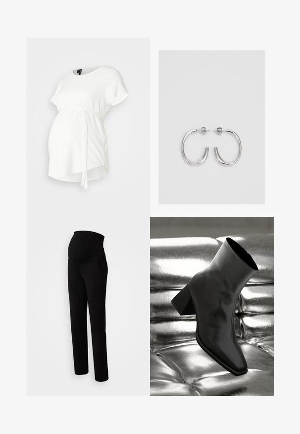 Vit graviditetstopp med korta ärmar, rund hals och förklädestyp design. Har ett knytbälte i midjan och en mjuk, slät tygtextur.; Gravidbyxor i svart, med en elastisk midja för komfort, sidofickor, rak benstil samt en mjuk tygkvalitet.; Svarta ankelboots i glänsande material med fyrkantig tå och avsmalnande klack, placerade mot en glänsande silverfärgad vadderad bakgrund.; Silverfärgade hängande örhängen med en slät, blänkande yta. Rundad form, lätt design, med ett stift- och bakstängning.