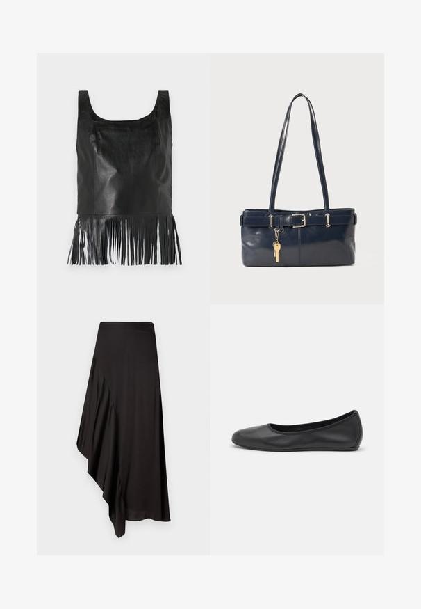 Sort læder ærmeløs top med firkantet udskæring, der har lange frynser langs kanten og en glat overflade.; AERON ASTER SKIRT - Pencil skirt - black; Sort læderballetsko med rund tå, glat tekstur, minimal syning og et fleksibelt såldesign.; Mørkeblå læderhåndtaske med to lange håndtag, en spænde detaljer og en nøglering vedhæftet. Den har en glat tekstur og en rektangulær form.
