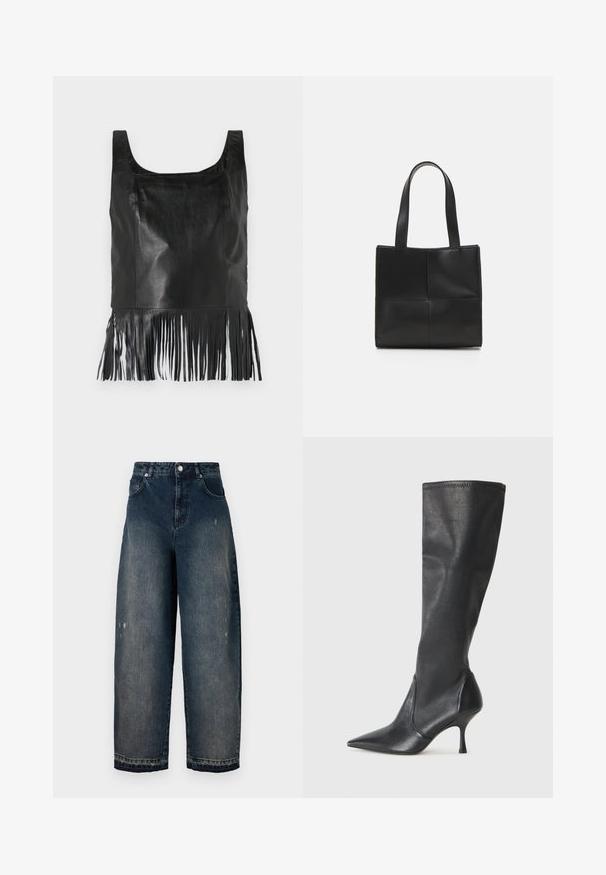 Czarny skórzany top bez rękawów o kwadratowym dekolcie, z długimi frędzlami na dole i gładką teksturą.; Ciemnoniebieskie dżinsy o szerokich nogawkach i wysokim stanie, z pięcioma kieszeniami, widocznymi przeszyciami oraz delikatnym przetarciem z przodu. Klasyczne zapięcie na guzik i zamek.; Czarne skórzane botki do kolan z ostrym noskiem i wąskim obcasem w szpilkę. Gładka tekstura z dopasowanym krojem i przeszyciem na górnej krawędzi.; Czarna skórzana torba typu tote z dwoma uchwytami, prostokątna forma, gładka tekstura oraz przyszyty wzór panelowy. Bez metalowych elementów ani dodatkowych akcentów.