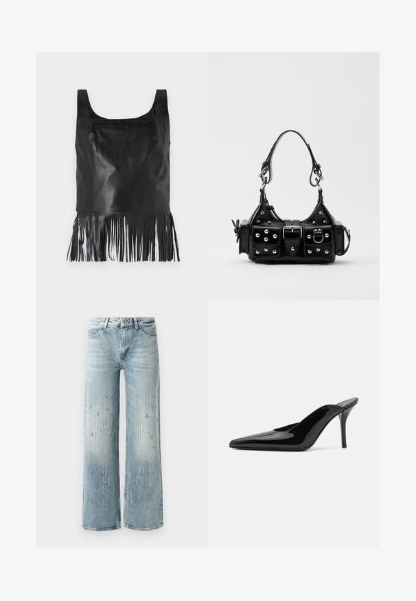 Schwarzes, ärmelloses Oberteil aus Leder mit quadratischem Ausschnitt, das lange Fransen am Saum und eine glatte Textur aufweist.; Hellblaue weite Jeans aus Denim, ausgestattet mit einem Farbverlaufseffekt und Verzierungen aus silbernen Strasssteinen in vertikalem Muster.; Schwarze Lackleder-Pumps mit hohen Absätzen, spitzer Zehenform und schlanker Silhouette, mit offenem Rücken und schlankem Stiletto-Absatz.; Schwarze Lederhandtasche mit einem geschwungenen Design, verziert mit silbernen Nieten, einer Schnalle und zwei seitlichen Taschen. Verstellbarer Träger für verschiedene Tragemöglichkeiten.