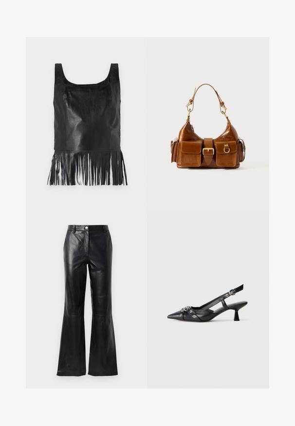 Top maniche corte in pelle nera con scollatura quadrata, caratterizzato da dettagli in frange lunghe all'orlo e una texture liscia.; Pantaloni in ecopelle neri con vita alta, chiusura con bottone, passanti per cintura e gambe svasate su uno sfondo bianco.; Scarpa slingback nera in pelle con punta affusolata, cinturini decorativi con occhielli metallici e tacco basso a blocco. Superficie testurizzata.; Borsa a tracolla in pelle marrone con forma curvata, hardware in tonalità oro duale, due tasche frontali e una cinghia larga. Texture liscia con una finitura elegante.