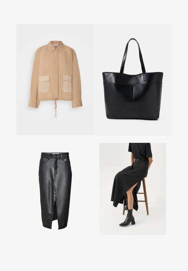Bežna lahka jakna z dolgimi rokavi, ovratnikom, natančno nastavljivim robom in dvema prednjima žepoma v nekoliko temnejši odtenek. Gladka tekstura.; Črna usnjena krila s srednje dolžino, ki ima sprednji razporek, klasične zanke za pas in prišite detajle vzdolž šivov.; Črna lanena maxi krilo z visokim razporkom, oblečeno s črno majico in črnimi gležnjarji. Minimalističen dizajn z udobnim krojem.; Črna usnjena torba z dvema dolgima ročajema, gladko teksturo in strukturirano obliko. Ima sprednji žep za dodatno shranjevanje.