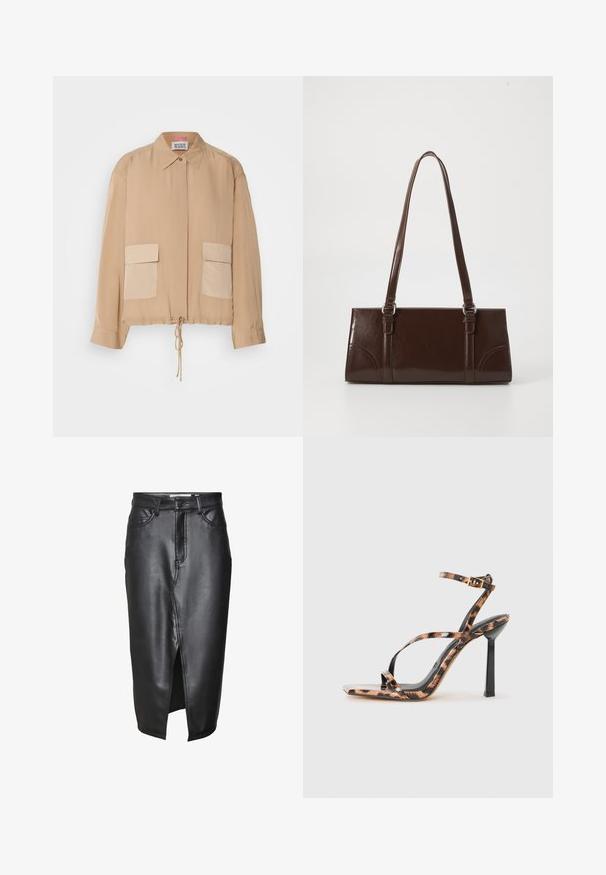 Beige lightweight jacket with long sleeves, collar, drawstring hem, and two front patch pockets in a slightly darker shade. Smooth texture.; Black leather skirt with a mid-length design, featuring a front slit, classic belt loops, and stitched detailing along the seams.; Strappy high-heeled sandals with a square toe, featuring a leopard print pattern in shades of brown and black on a glossy finish.; Brown patent leather handbag with a rectangular shape, two long handles, and subtle curved accents on the front.