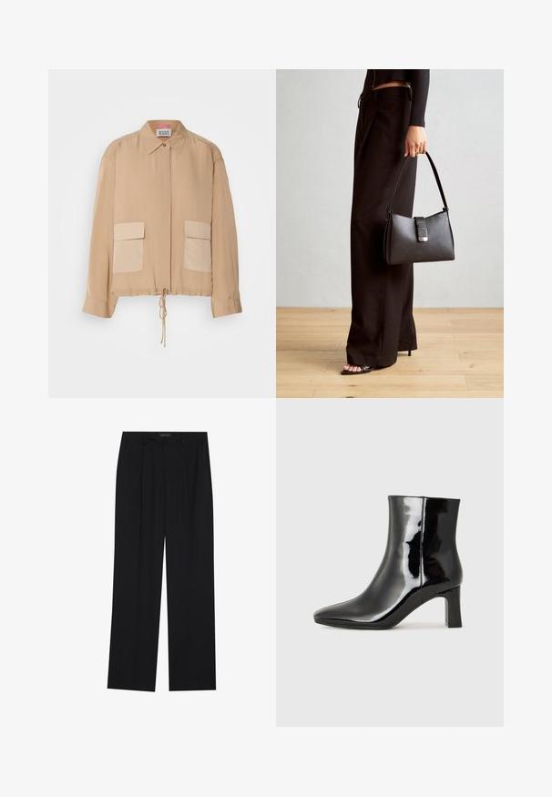 Beige lightweight jacket with long sleeves, collar, drawstring hem, and two front patch pockets in a slightly darker shade. Smooth texture.; Black trousers with a straight-leg design, featuring two front pockets and a waistband. Made from a smooth, lightweight fabric.; Black patent leather ankle boot with a pointed toe and a mid-height block heel. Smooth texture and minimalist design.; Black handbag with structured shape, smooth texture, and a metallic clasp. Paired with wide black pants and open-toe sandals on wooden floor.
