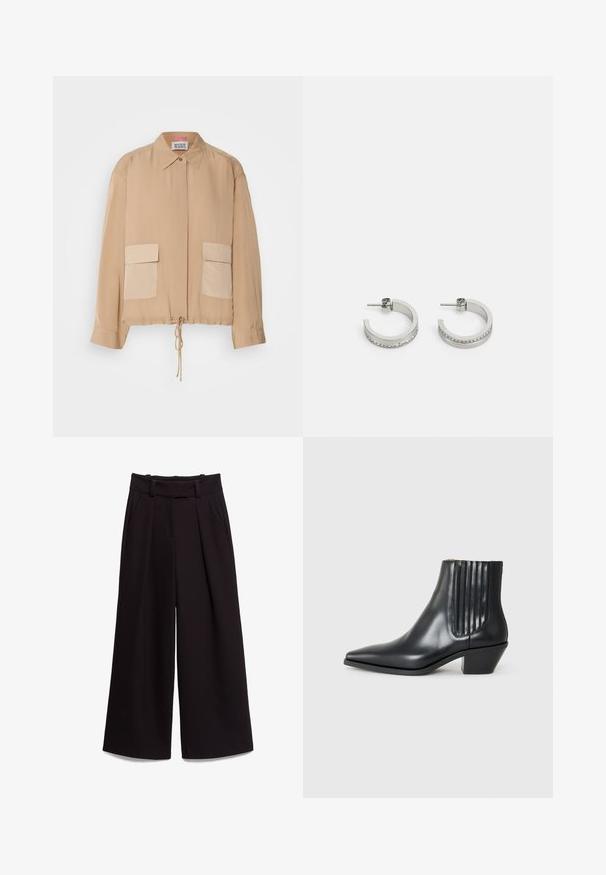Beige leichte Jacke mit langen Ärmeln, Kragen, Kordelzugsaum und zwei vorderen aufgesetzten Taschen in einem etwas dunkleren Farbton. Glatte Textur.; Schwarze weit geschnittene Hose aus glattem Stoff, mit hoher Taille, Gürtelschlaufen und zwei Vorderaschen. Die Faltenstruktur sorgt für Textur.; Schwarze Leder-Ankle-Boots mit spitzem Zehenbereich, seitlichen elastischen Einsätzen mit vertikalen Rillen und einem niedrigen Blockabsatz. Glatte Textur und elegantes Design.; Silberne Creolen mit einer glatten Oberfläche und einer Reihe kleiner klarer Steine entlang der unteren Kante, mit einer Steckverschluss.