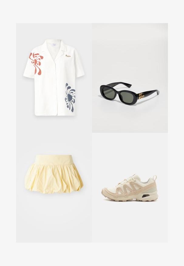 Chemise en lin à manches courtes de couleur blanc cassé avec des motifs abstraits rouges et bleus marine. Dotée d'un col classique et d'une fermeture à boutons. Accent logo doré.; Jupe en coton jaune avec un design volumineux et froncé, dotée d'une large ceinture. Sa texture lisse et son tissu léger lui confèrent une allure décontractée.; Baskets de sport beiges et crème avec une tige en mesh texturé, des superpositions de soutien et une semelle en caoutchouc dotée d'un motif de crampons pour une traction.; Lunettes de soleil en plastique noir avec des verres verts, de forme ovale et avec un détail de logo doré sur les branches. Texture lisse et finition brillante.