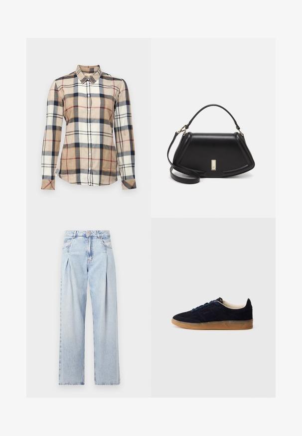 Collared long-sleeve shirt with a beige, cream, and navy plaid pattern. Features button closure and textured fabric with varied squares.; Light blue denim jeans with a high waist, wide-leg cut, two side pockets, and pleated design feature. Soft texture with a faded finish.; Navy suede sneaker with a gum rubber sole, blue laces, and minimalist design. Features embossed logo on the side and smooth inner lining.; Black leather handbag with a structured design, featuring a cropped shape, top handle, and gold hardware accent. Adjustable shoulder strap included.