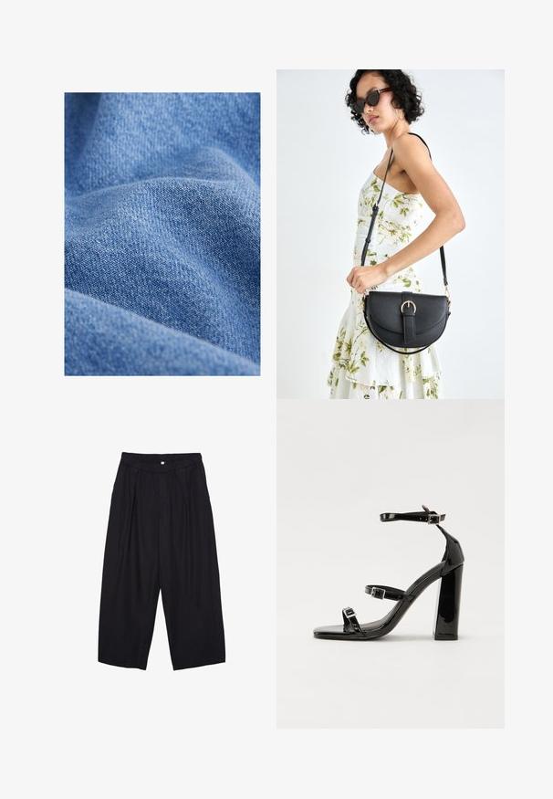 Blauer Denim-Stoff mit einer weichen Textur, der ein enges Webmuster und dezente Farbvariationen aufweist. Faltenoptik mit Knitterung.; Schwarze Polyester-Culotte mit einem elastischen Bund, zwei vorderen Falten und einer lockeren Silhouette. Keine sichtbaren Muster oder Hardware-Details.; Schwarze patentierte Sandalen mit Absatz, quadratischer Spitze, Knöchelriemen und silbernen Schnallen. Mit einem stabilen Blockabsatz für mehr Stabilität.; Schwarze Lederhandtasche mit geschwungener Form, abnehmbarem Tragegurt und goldenen Beschlägen. Die Tasche verfügt über einen Deckel mit einer Schnallen-Details.
