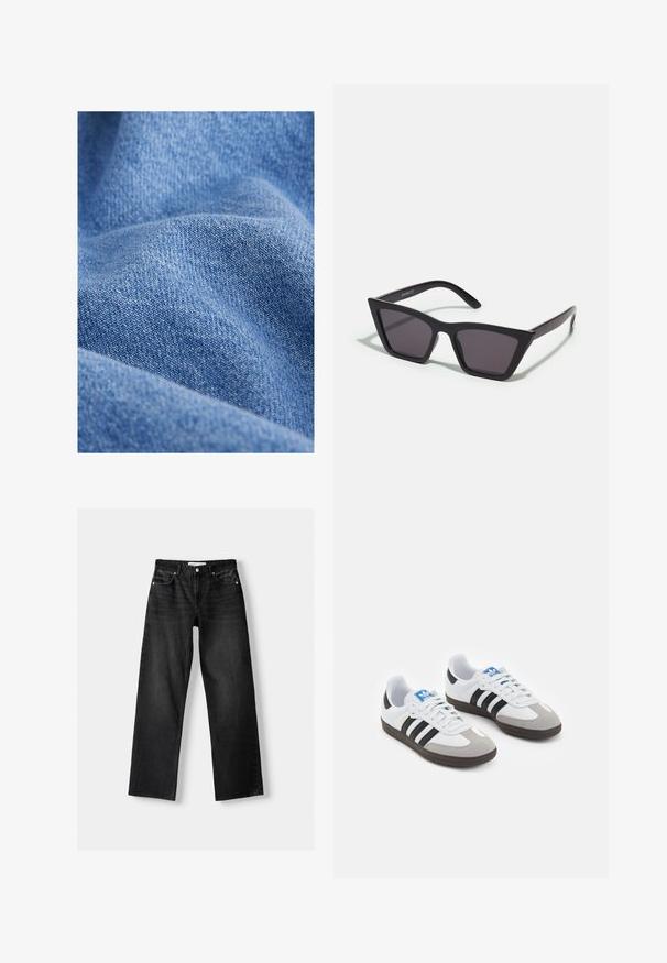 Blauer Denim-Stoff mit einer weichen Textur, der ein enges Webmuster und dezente Farbvariationen aufweist. Faltenoptik mit Knitterung.; Bershka Jeans Straight Leg - mottled dark grey; Sportschuhe mit einem Obermaterial aus weißem Leder, grauer Wildleder-Zehenkappe und drei schwarzen Streifen. Sie verfügen über ein blaues Logo auf der Zunge und eine strukturierte Gummisohle.; Schwarze, eckige Sonnenbrille mit grauen Gläsern; aus Kunststoff gefertigt, mit dicken Bügeln, die eine glatte Oberfläche und keine sichtbaren Beschläge haben.