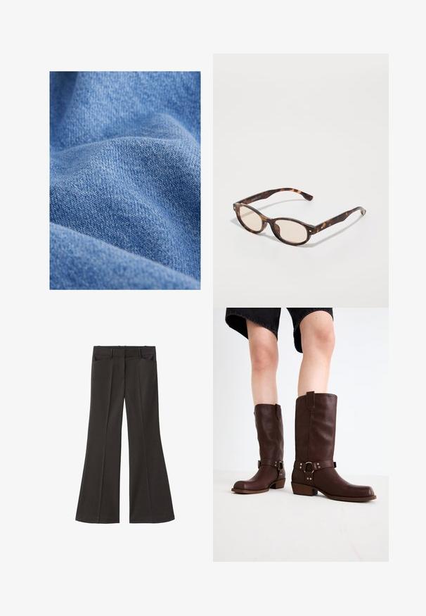 Blauwe denimstof met een zachte textuur, kenmerkend door een strakke weefpatroon en subtiele schaduwvariaties. Gewrikkeld uiterlijk met plooien.; Zwarte flared broek met een hoge taille; beschikt over twee voorkeurszakken en een gladde stoftextuur. Geschikt voor verschillende gelegenheden.; Bruine leren kniehoge laarzen met een ronde neus, gestructureerd oppervlak, enkelriem en zilveren hardware-detail; opgestapelde hak.; Schildpadbril met een ronde vorm en lichte lenzen. Heeft stevige armen met kleine gouden accenten, gemaakt van plastic materiaal.; Zwarte leren schoudertas met een gladde textuur, gebogen vorm en verstelbare hengel. Heeft minimale stiksels en een eenvoudig ontwerp.