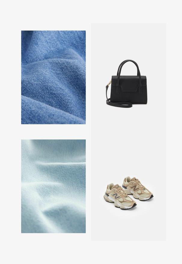 Kék farmer anyag lágy textúrával, szoros szövésmintával és finom árnyalatbeli eltérésekkel. Gyűrött kinézet, redőkkel.; Világoskék szövet sima textúrával és finom átlós szövésmintával, lágy redőkkel és finom árnyalatváltozásokkal.; Beige sportcipők hálós és bőrszövet anyagból. Fekete logóval és texturált részletekkel rendelkezik. Vastag fehér középtalpa és fekete gumi talpa van.; Fekete, strukturált bőr kézitáska, tetején fogantyúval, levehető vállpánttal és elülső fedelelt díszítéssel. Arany színű fémszerelvényekkel.