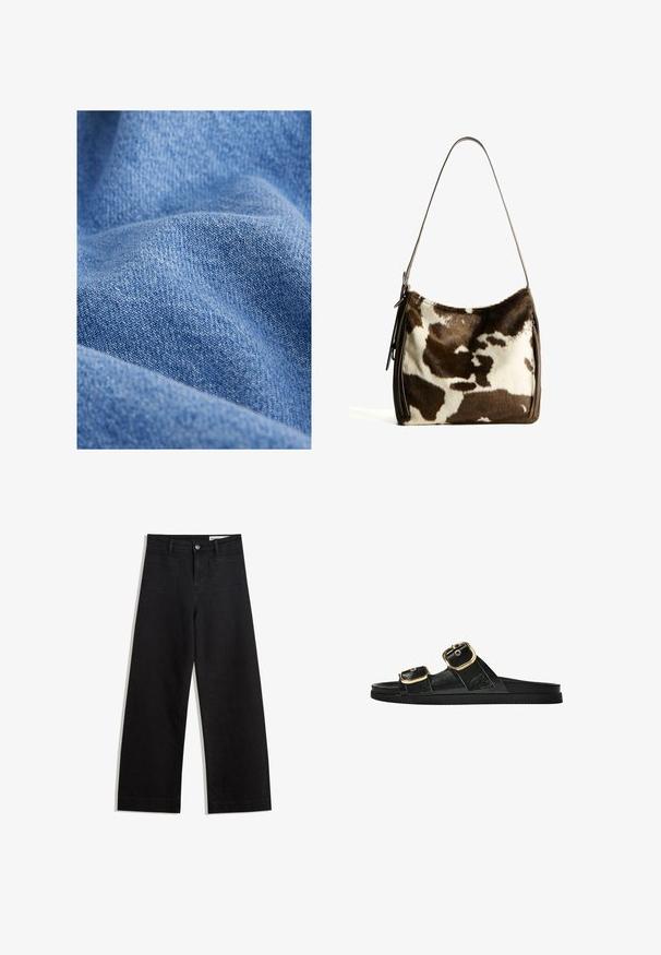 Țesătură de denim albastru cu o textură moale, având un model de țesătură strâns și variații subtile de nuanță. Apăreați plisat cu falduri.; Pantaloni din denim negri cu picioare largi, cu talie înaltă, având buzunare frontale și posterioare, cusături dublate și închidere cu nasture. Textură netedă.; Sandalie negre cu toc plat, cu două accente de cataramă aurie, din material texturat neted și design minimalist.; Geantă de umăr din piele de vacă maro și crem, cu o bandă din piele netedă, închidere cu fermoar și o suprafață moale, texturată, cu un model natural.