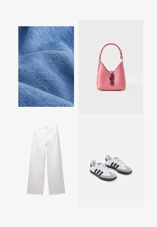 Tessuto denim blu con una texture morbida, caratterizzato da un motivo di tessitura fitta e leggere variazioni di tonalità. Aspetto stropicciato con pieghe.; Jeans bianchi a gamba larga realizzati in denim. Presentano chiusura con bottone, tasche anteriori e posteriori, e cuciture rinforzate. Tessuto liscio con dettagli minimi.; Scarpe sportive con tomaia in pelle bianca, punta in suede grigia e tre strisce nere. Presentano un logo blu sulla linguetta e una suola in gomma testurizzata.; Borsa in pelle rosa con una forma strutturata, caratterizzata da una chiusura lucida e una sola tracolla regolabile. Finitura texturizzata con hardware dorato.