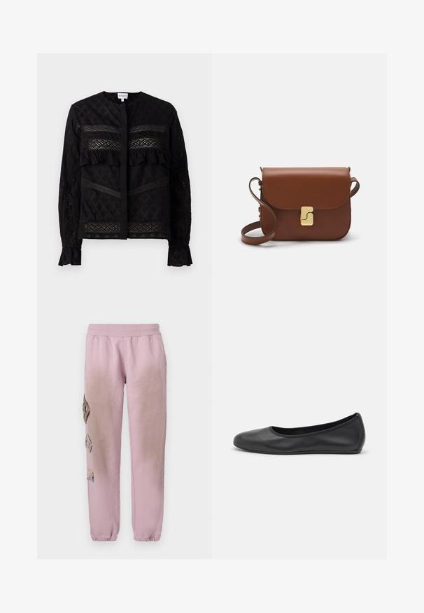 Bluză neagră cu guler rotund, având panouri din dantelă transparentă, accente de volănașe și modele texturate. Mâneci lungi cu mansete elastice.; Tricou alb cu mânecă scurtă, confectionat dintr-un material texturat. Gât rotund, tăietură regulară și detalii subtile de cusătură. Fără modele sau grafice.; Pantaloni de trening roz cu talie elastică, cu petice decorative în formă de diamant pe partea stângă și manșete elastice la glezne.; Balerini din piele neagră, cu vârf rotund, textură netedă, detalii de cusătură minimale și un design al tălpii flexibil.; Geantă de piele maro cu închidere tip capac, accesorii de culoare aurie, curea de umăr și o textură netedă. Formă compactă și rectangulară.