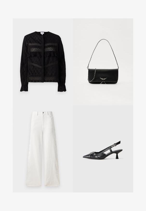 Zwarte blouse met een ronde kraag, voorzien van doorschijnende kantpanelen, ruches en textuurpatronen. Lange mouwen met elastische manchetten.; Witte wijde jeans van denim met zijborduursels en een traditionele vijf-pocketontwerp. Ritsluiting met een knop.; Zwarte leren slingback schoen met een puntige neus, decoratieve banden met metalen oogjes en een lage blokhak. Textuur oppervlak.; Zwarte leren handtas met een zilveren kettingband, voorzien van decoratieve vleugelaccenten en witte stiksels langs de onderste naad.