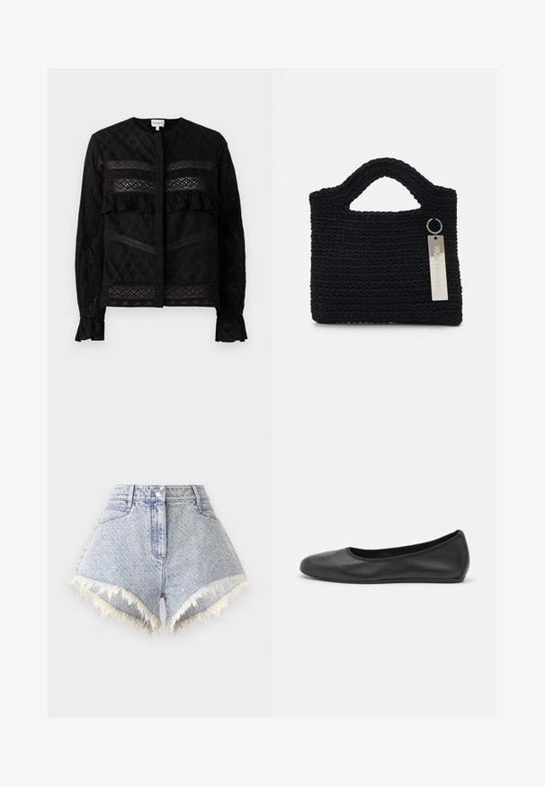 Blusa nera con colletto rotondo, caratterizzata da pannelli in pizzo trasparente, dettagli a ruches e motivi testurizzati. Maniche lunghe con polsini elastici.; Shorts in denim di colore azzurro chiaro con orlo sfilacciato e dettagli bianchi, dotati di chiusura con bottone frontale e due tasche posteriori.; Pantofole da balletto nere in pelle con punta arrotondata, texture liscia, dettagli di cucitura minimi e design con suola flessibile.; Won Hundred MARSIELLE COMPUTER BAG UNISEX - Borsa porta PC - black