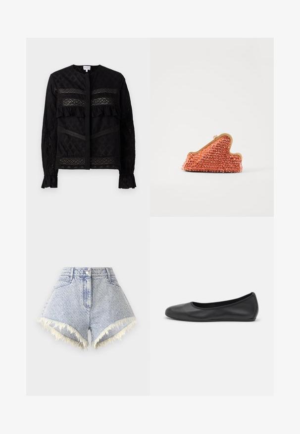Must mustärkide ümar kaelus, millel on läbi paistvad pitspaneelid, volangidega detailid ja tekstureeritud mustrid. Pikkade varrukatega, millel on elastsed mansetid.; Heledsinine denim lühikesed püksid, millel on hargnenud serv ja valged aktsendid, ees nööbiga sulgemine ja kaks taga taskut.; Musthave mustika tantsutossud mustast nahast, ümmarguse varbaga, siledast tekstuurist, minimaalse õmblusdetailiga ja paindliku tallakujundusega.; Cult Gaia GIANA - Väike käekott - currant