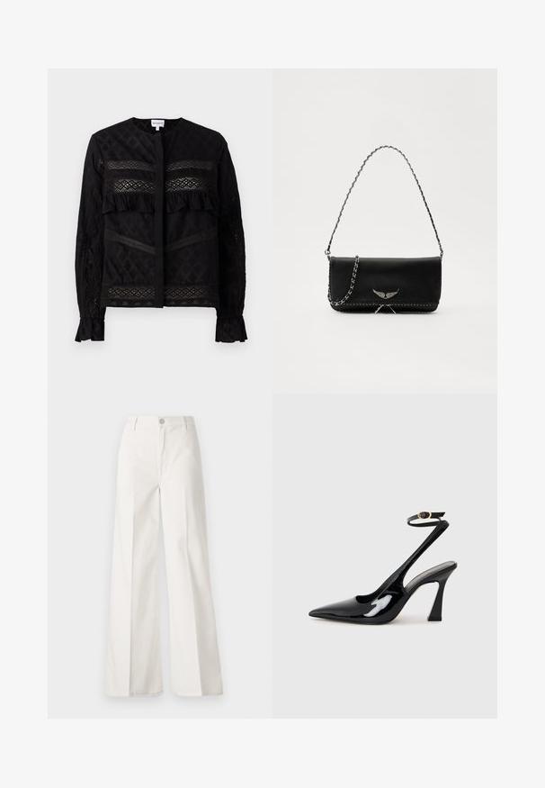 Bluză neagră cu guler rotund, având panouri din dantelă transparentă, accente de volănașe și modele texturate. Mâneci lungi cu mansete elastice.; Pantaloni albi cu picioare largi, confecționați din bumbac cu o textură fină. Prezintă un buton în față, fermoar și un design cu patru buzunare.; Sandale cu toc înalt din piele patent neagră, cu vârf ascuțit, curea ajustabilă la gleznă și toc mediu pătrat. Textură netedă cu un finisaj lucios.; Geantă de mână din piele neagră cu un lanț din argint, având accente decorative în formă de aripi și cusături albe de-a lungul cusăturii de jos.