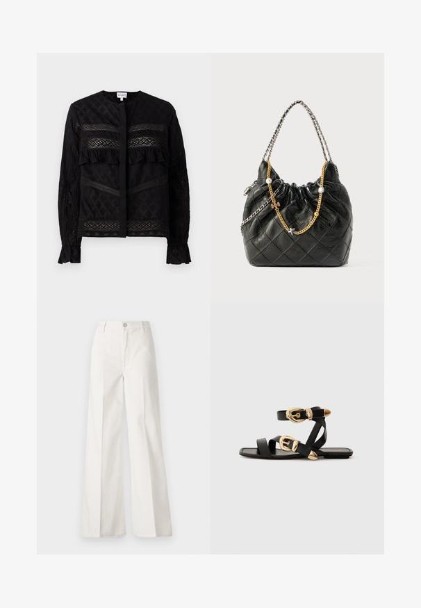 Svart blus med rund krage, med genomskinliga spetspaneler, volangdetaljer och texturerade mönster. Långa ärmar med elastiska muddar.; Vita vida-byxor gjorda av bomull med en slät textur. Har en framknapp, gylf med dragkedja och fyra fickor.; Svarta lädersandaler med guldspännen, med flera remmar och platt såldesign för öppna tår.; Svart läderhandväska med quiltat mönster, dragsko-upptäck, och dubbla kedjehandtag med guld- och silverdetaljer samt dekorativa hängen.