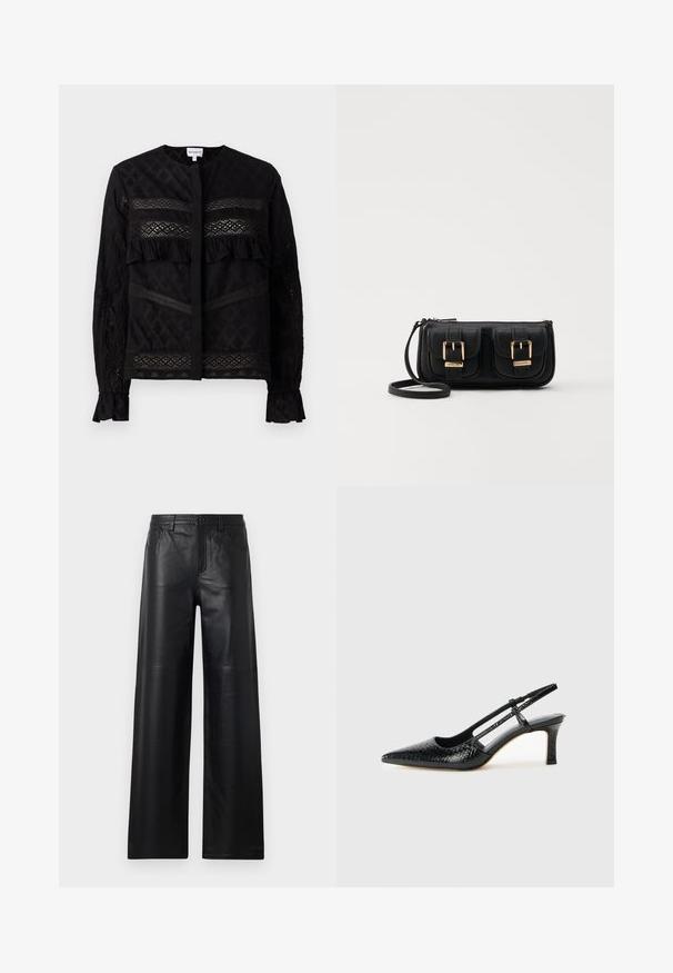 Zwarte blouse met een ronde kraag, voorzien van doorschijnende kantpanelen, ruches en textuurpatronen. Lange mouwen met elastische manchetten.; Zwarte leren broek met wijde pijpen en een gladde textuur, voorzien van voorzakken, een knoopsluiting en subtiele stiksels.; Zwart patent slingback hak met een spitse neus, voorzien van een gestructureerde slangenprint, verstelbare band en een korte, gestructureerde blokhak.; Zwarte leren schoudertas met twee vo pockets, gouden gespen, ritsluiting en een smalle band. Tekstuur oppervlak en compacte rechthoekige vorm.