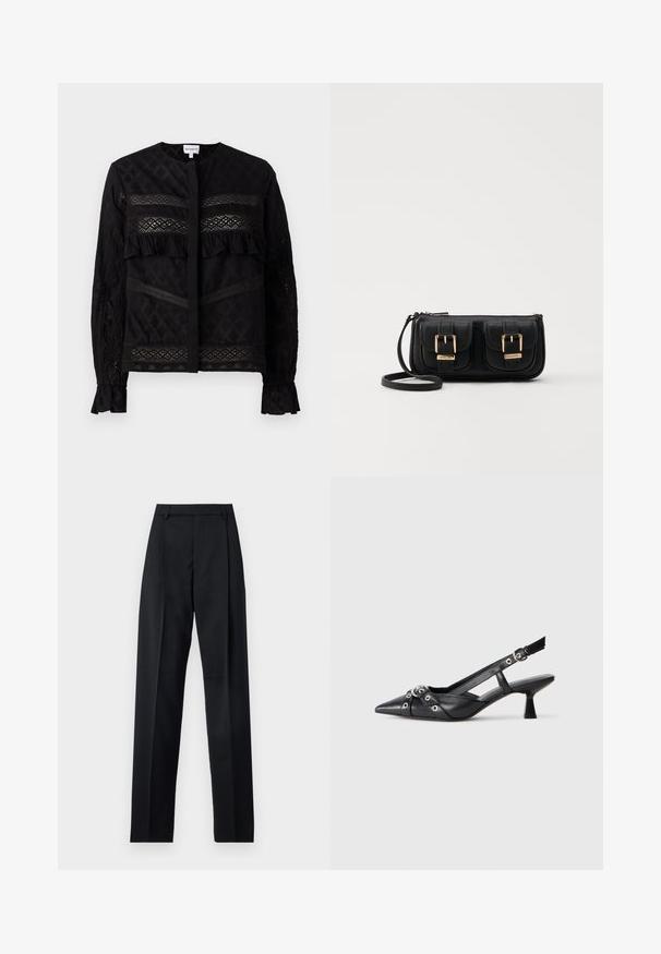 Schwarze Bluse mit rundem Kragen, ausgestattet mit durchsichtigen Spitzenpaneelen, Rüschendetails und strukturierten Mustern. Lange Ärmel mit elastischen Bündchen.; Schwarze Hosen aus glattem Stoff mit hoher Taille, weitem Bein, vorderen Falten und klassischen Gürtelschlaufen. Keine sichtbaren Seitentaschen.; Schwarzer Leder-Slingback-Schuh mit spitz zulaufender Zehenpartie, dekorativen Riemen mit METALLÖSEN und niedrigem Blockabsatz. Strukturelle Oberfläche.; Schwarze Leder-Umhängetasche mit zwei vorderen Taschen, goldenen Schnallen, Reißverschluss und einem schmalen Tragegurt. Texturierte Oberfläche und kompakte rechteckige Form.