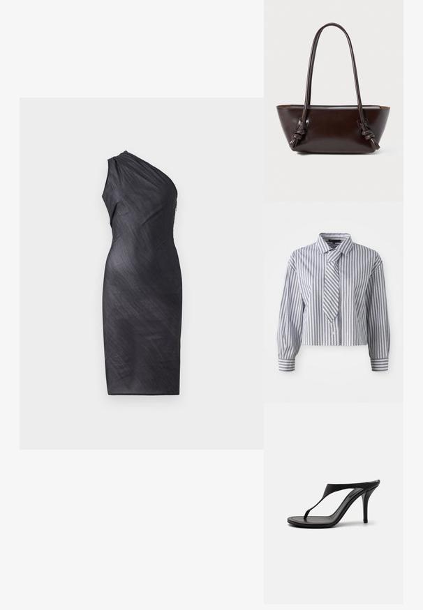 Camicia accorciata di colore azzurro chiaro con righe bianche verticali e piccoli punti argentati; include una cravatta integrata e chiusura a bottone. Maniche lunghe.; Abito nero asimmetrico con una spalla, texture drappeggiata, lunghezza al ginocchio, silhouette aderente e chiusura con zip sul retro.; Sandali neri con tacco alto, con una sottile cinghia, design a infradito, punta affusolata e una finitura liscia e elegante. Suola piatta con un tacco discreto.; Borsa a tracolla in pelle marrone scuro con due manici nodosi e corpo a forma di trapezio.