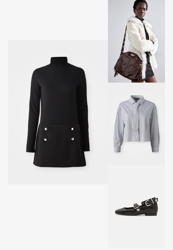 Krótka koszula w jasnoniebieskim kolorze z pionowymi białymi paskami i małymi srebrnymi kropeczkami; zawiera zintegrowany krawat i zapięcie na guziki. Długie rękawy.; Czarna, prążkowana sukienka z golfem i długimi rękawami, z dopasowanym korpusem i rozkloszowanym dołem, wyposażona w dwie kieszenie na przodzie oraz złote guziki.; Czarne lakierowane baleriny z kwadratowym noskiem, z paskiem na kostkę z metalowymi elementami w kolorze srebrnym oraz płaską podeszwą. Gładka textura i minimalistyczny design.; Brązowa skórzana torba na ramię o teksturowanym wykończeniu, z plisowanymi brzegami i bocznymi chwostami; posiada odpinany pasek na ramię z metalowymi akcentami.