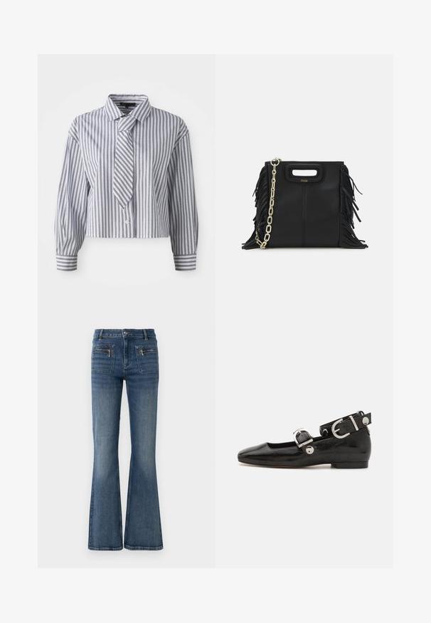 Lys blå kortermet skjorte med vertikale hvite striper og små sølvprikker; inkluderer en integrert slips og knappelukking. Lange ermer.; Marineblå ribbestrikket polo skjorte med spiss krage, korte ermer og to frontlommer med trykknapper; fremhevet med hvite søm detaljer.; Blei blå denimbukser med utsvingt ben og middels høy midje, med front- og baklommer og en subtil falmet vask.; Sorte lakkderflat sko med firkantet tå, ankelstropp med sølvfarge detaljer, og flat såle. Glatt tekstur med minimalistisk design.; Svart læderhåndtaske med frynsedetaljer, guldkæde skulderrem og udskåret håndtag. Har logo placeret på forsiden.
