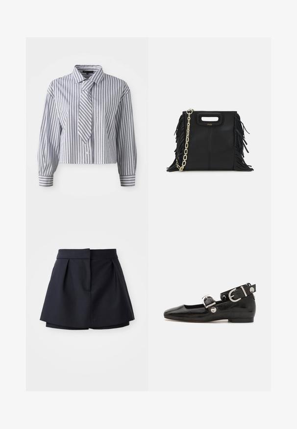 Kratka srajca v svetlo modri barvi z navpičnimi belimi črtami in majhnimi srebrnimi pikami; vključuje integrirano kravato in gumbasto zapiranje. Dolgi rokavi.; Mornarske plisirane kratke hlače z visoko pasom, izdelane iz gladkega materiala. Imajo prilegajoč dizajn in skrito sprednjo žep.; Črne lakaste balerinke s kvadratnim prstom, trakovi okrog gležnja z zlatimi dodatki in ravnim podplatom. Gladka tekstura z minimalističnim dizajnom.; Črna usnjena ročna torba z detajli fringa, zlatim verigo za rame in izrezanim ročajem. Na sprednji strani je nameščen logotip.