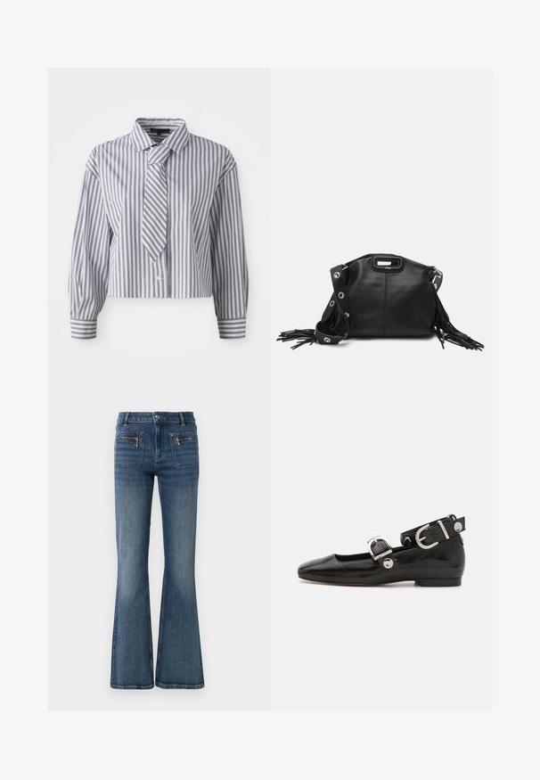 Cropped shirt in light blue with vertical white stripes and small silver dots; includes an integrated tie and button closure. Long sleeves.; Flared blue denim jeans with a mid-rise waist, featuring front and back pockets and a subtle faded wash.; Black patent leather flat shoe with a squared toe, ankle strap featuring silver hardware, and flat sole. Smooth texture with minimalist design.; Maje MISS MINI - Cross body bag - noir