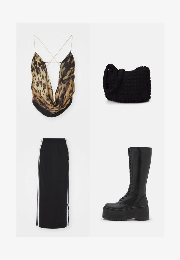 Jaded London ASTERIA BACKLESS - Top - multi-coloured; Schwarzer Sportrock mit weißen Seitenstreifen, elastischem Bund und Logodetail. Hergestellt aus atmungsaktiven Materialien, knielanges Design.; Zign LEATHER - Schnürstiefel - black; Schwarze Stofftasche mit einer strukturierten, gesteppten Oberfläche. Abgerundete Form, kurze, dicke Griffe und eine weiche, flexible Struktur.