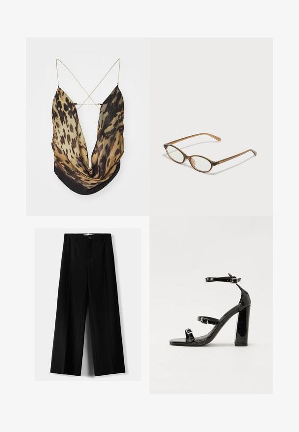 Jaded London ASTERIA BACKLESS - Top - multi-coloured; Pantaloni negri cu picior larg, fabricați dintr-un material ușor, cu închidere frontală cu nasture și față plată, având tivuri cusute cu atenție.; Sandale cu toc din patent negru, cu vârf pătrat, curele la gleznă și catarame din argint. Dispune de un toc gros pentru stabilitate.; Ochelari în nuanță de țestoasă maro, cu lentile ovale, brațe subțiri și accente transparente. Prezintă un logo subtil pe tâmplă. Design elegant și ușor.
