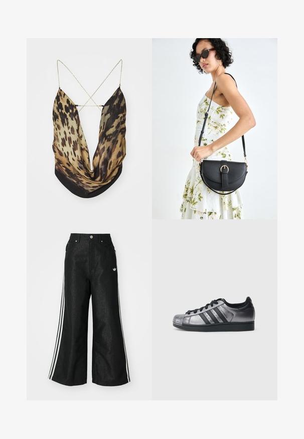 Jaded London ASTERIA BACKLESS - Top - multi-coloured; Black wide-leg denim pants with three white stripe accents on each side and a small white logo. Features front pockets and a button closure.; Black and metallic silver sneakers with a rounded toe, three black stripes, and a textured upper. Black laces and rubber sole.; Black leather handbag with a curved shape, detachable strap, and gold hardware. The bag features a flap with a buckle detail.