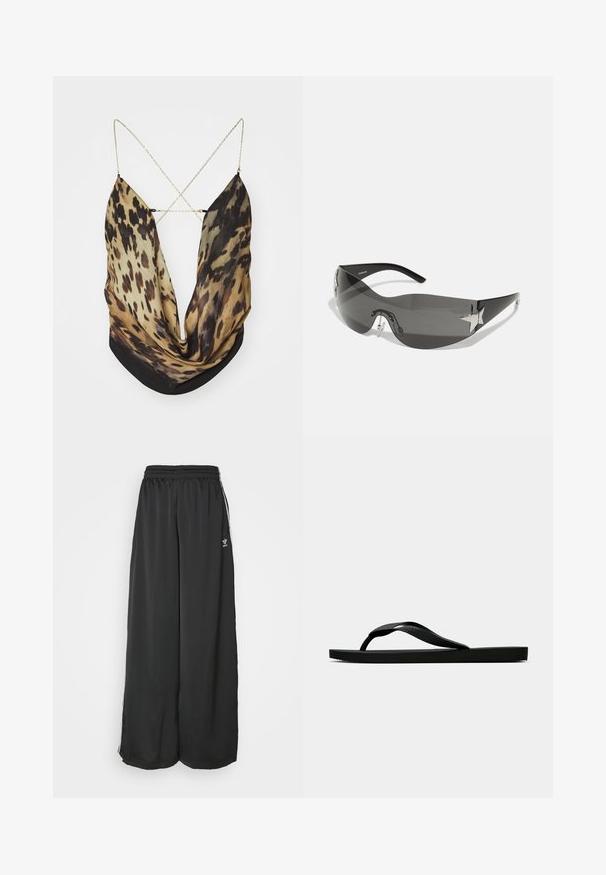 Jaded London ASTERIA BACKLESS - Tops - multi-coloured; Melni brīvi pieguļoši sporta bikses, kas izgatavotas no maigas auduma. Iespējas ietver elastīgu jostasvietu un sānu svītras ar logo akcentiem.; Melna gumijas flip-flop sandaļa ar teksturētu nolaists jostu un vienkāršu plakanā zole, attēlota no sāniem uz vienkārša gaiša fona.; Melnas saulesbrilles ar apjozošu dizainu, tumši tonētām lēcām, spīdīgiem zvaigznes formas akcentiem un regulējamiem deguna spilventiņiem.