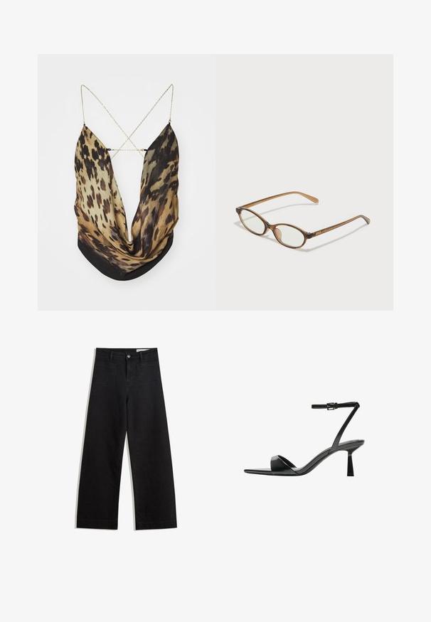 Jaded London ASTERIA BACKLESS - Top - multi-coloured; Črne široke denim hlače z visokim pasom, ki imajo sprednje in zadnje žepe, šivane šive ter gumbasto zapiranje. Gladka tekstura.; Bershka Sandali z visoko peto - black; Rjavo želvovina očala z ovalnimi lečami, tankimi ročaji in prosojnimi detajli. Imajo subtilen logo na templetu. Eleganten, lahek dizajn.