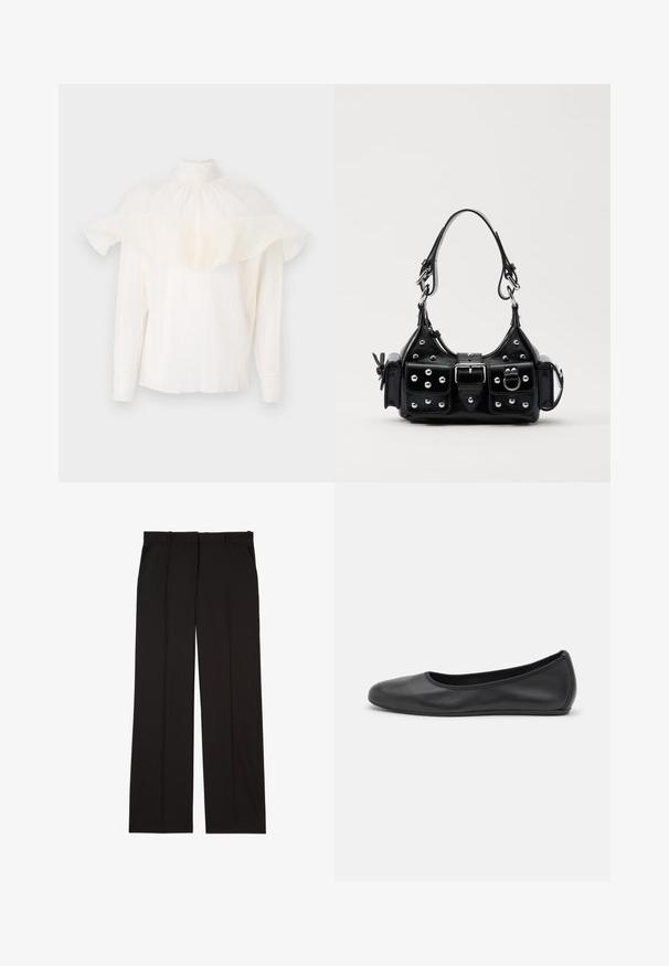 White blouse features a high collar, textured fabric, and oversized ruffled sleeves. Long sleeves with fitted cuffs, relaxed fit throughout.; Black tailored trousers made of a smooth fabric, featuring a straight-leg design, and two side pockets. Elegant and minimalistic construction.; Black leather ballet flat with a rounded toe, smooth texture, minimal stitching detail, and a flexible sole design.; Black leather handbag with a curved design, featuring silver studs, a buckle, and two side pockets. Adjustable strap for carrying options.