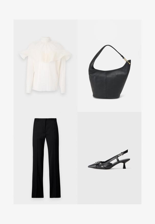 Valge pluus, millel on kõrge krae, tekstuuriga kangas ja suured volangvarrukad. Pikad varrukad kitsaste mansettidega, disainilt lõdva kirjaega.; Mustad sirgedestikuga püksid sileda materjaliga, millel on lame eesmine osa, vöörihmade aasad ning nähtamatud taskud või dekoratiivsed elemendid.; Must must have must toote tõmblukuga, dekoratiivsed rihmad metallist silmadega ja madal blokk-kand. Tekstureeritud pind.; Musthave musta nahast käekott ümarate servadega, laia rihmaga ja tekstureeritud pinnaga. Omab peenelt õmblust detailina ning kullatooni aksessuaare.