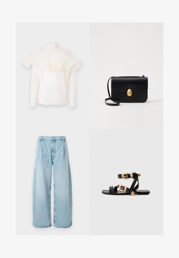Blouse blanche avec un col montant, un tissu texturé et des manches bouffantes surdimensionnées. Manches longues avec des poignets ajustés, coupe décontractée dans l'ensemble.; Pantalons en denim bleu clair à larges jambes avec des plis à l'avant, une fermeture à bouton et des ourlets droits, présentant une texture décolorée sur l'ensemble.; Sandales en cuir noir avec des accents de boucles dorées, présentant plusieurs brides et un design de semelle plate pour un port ouvert.; Sac à main en cuir noir avec une forme rectangulaire structurée. Équipé d'un fermoir ovale doré et d'une fine bandoulière. Texture lisse.