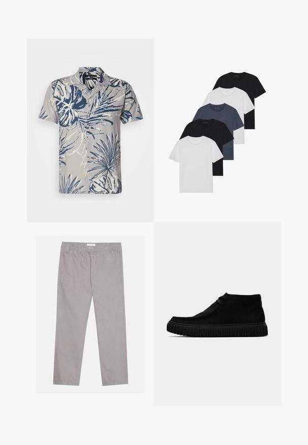 Lühikeste varrukatega nööbiga särk helesinises kangas, millel on sinine ja valge troopiline lehemuster, klassikalise krae ja seitsme nööbiga.; Viie t-särgi komplekt mustas, valges ja tumesinisest. Puuvillane kangas, lühikesed varrukad, ümar kaelaauk ja ühtlane tekstuur ilma mustriteta.; Heledad hallid puuvillased püksid, millel on elastne vöökoht, kaks külgtaskut, sirge jala disain ja sile tekstuur. Lihtne õmbluse detail.; Mustad must põlvini saapad, mis on valmistatud pehmest materjalist, ümarate varvastega, minimaalsete paeltega ja tekstureeritud kummitald, millel on vertikaalsed sooned.