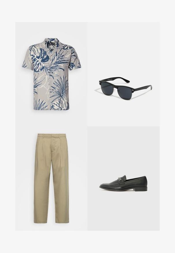 Chemise à manches courtes boutonée en tissu gris clair avec un motif de feuilles tropicales bleues et blanches, dotée d'un col classique et de sept boutons.; Pantalons beiges taille haute avec une coupe droite, présentant un devant plat, des poches latérales et un tissu lisse au toucher.; Mocassin en cuir noir avec une finition lisse, présentant un design cousu et une accent décoratif en chaîne métallique sur le rand. Talon plat.; Lunettes de soleil noires de forme rectangulaire, verres foncés, accents argentés aux tempes et finition mate sur la monture.