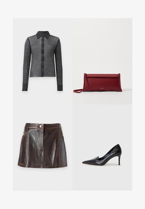 Camicia nera a maniche lunghe realizzata in un tessuto testurizzato e trasparente, con apertura frontale a bottoni e colletto classico. Presenta una leggera lucentezza e un design aderente.; Mini gonna in pelle marrone con un design elegante, due tasche laterali con zip e cuciture a contrasto lungo i bordi.; Décolleté in pelle nera con punta affusolata, scollatura bassa e un accento decorativo dorato. Presenta un tacco a stiletto e una superficie liscia.; Borsa a pochette rossa in pelle con finitura texturizzata, dotata di un sopra pieghevole piatto e di una tracolla corta. Logo del marchio discreto sulla parte anteriore.