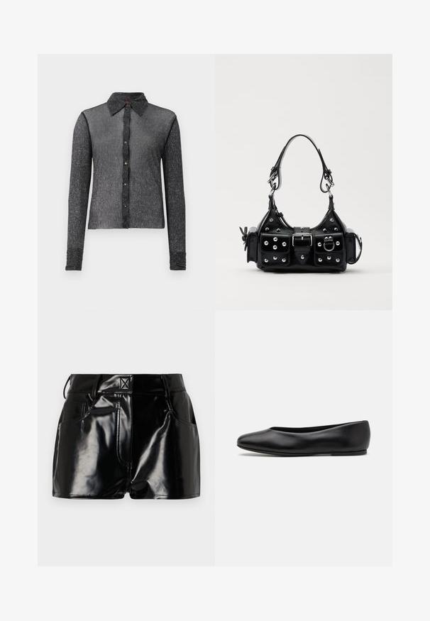 Zwarte langärmige shirt gemaakt van een gestructureerde, doorschijnende stof met een knoopsluiting aan de voorkant en een klassieke kraag. Heeft een subtiele glans en een aansluitend ontwerp.; Zwarte, glanzende shorts van synthetisch materiaal. Heeft een aansluitende taille, riemlussen en voorzakken met opvallende stikseldetails.; Paul Smith TOPANGA - Ballerina's - black; Zwarte lederen handtas met een gebogen ontwerp, voorzien van zilveren studs, een gesp en twee zijvakken. Verstelbare schouderband voor verschillende draagmogelijkheden.