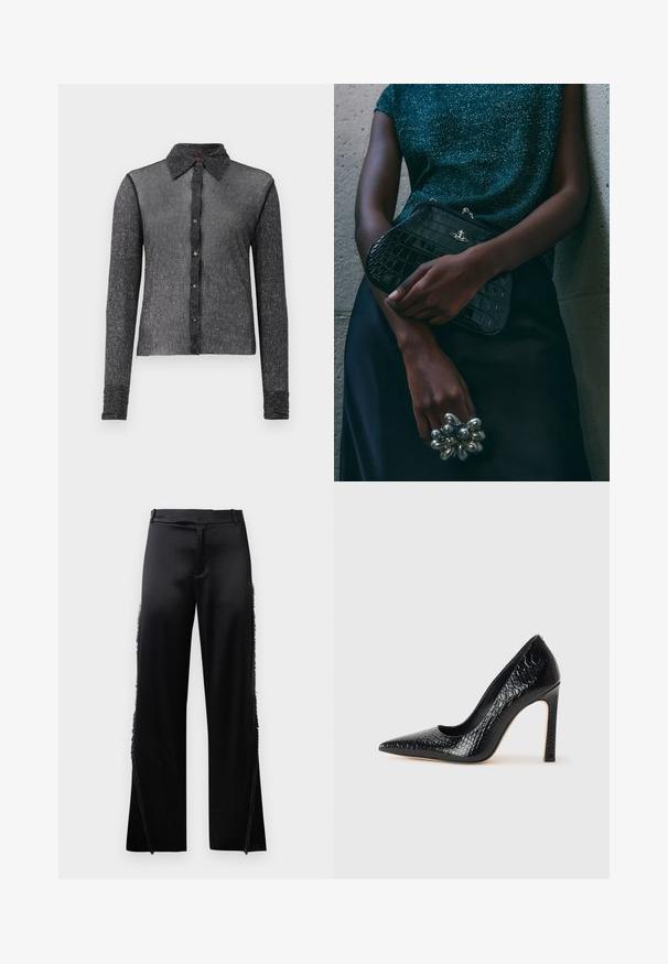 Schwarzes Langarmhemd aus einem strukturierten, durchsichtigen Stoff mit Knopfleiste und klassischem Kragen. Hat einen dezenten Glanz und eine taillierte Passform.; Schwarze Satin-Hosen mit weitem Bein, die Fransenverzierungen entlang der Seitennähte und einen flachen, elastischen Bund haben. Rückseite schlicht ohne Taschen.; Schwarzer, spitz zulaufender High Heel mit Krokodilleder-Struktur, elegantem Design, hohem Stiletto-Absatz und glattem schwarzen Innenraum.; Schwarze Clutch-Tasche im Kroko-Design mit silbernen Beschlägen, vor einem strukturierten grauen Hintergrund gehalten. Verfügt über eine glänzende Oberfläche.