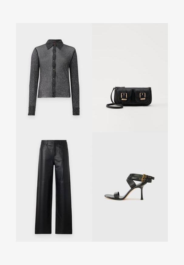 Melns garu piedurkņu krekls, izgatavots no teksturēta, caurspīdīga auduma ar pogājamu priekšpusi un klasisku apkakli. Tam ir smalka spīdums un pieguļošs dizains.; Platas kāju melnas ādas bikses ar gludu tekstūru, kurām ir priekšējās kabatas, pogu aizdare un smalki izšuvumi.; Melna augsta papēža sāndele ar krustotiem siksniņām un regulējamu sprādzi. Iespēlēts gluds tekstūra un pakāpenisks stiletto papēdis.; Melnas ādas crossbody soma ar divām priekšējām kabatām, zelta sprādzēm, ar rāvējslēdzēju aizdari un šauru siksnu. Strukturēta virsma un kompakta taisnstūra forma.