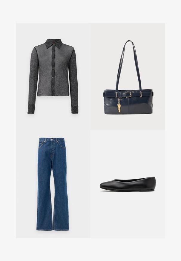Sort langærmet skjorte lavet af et struktureret, gennemsigtigt stof med knaplukning foran og klassisk krave. Har en subtil glans og tætsiddende design.; Blå denim flared jeans med høj talje, der har fem lommer, en sølvfarvet knaplukning og synlige stikninger.; Paul Smith TOPANGA - Ballerinasko - black; Mørkeblå læderhåndtaske med to lange håndtag, en spænde detaljer og en nøglering vedhæftet. Den har en glat tekstur og en rektangulær form.