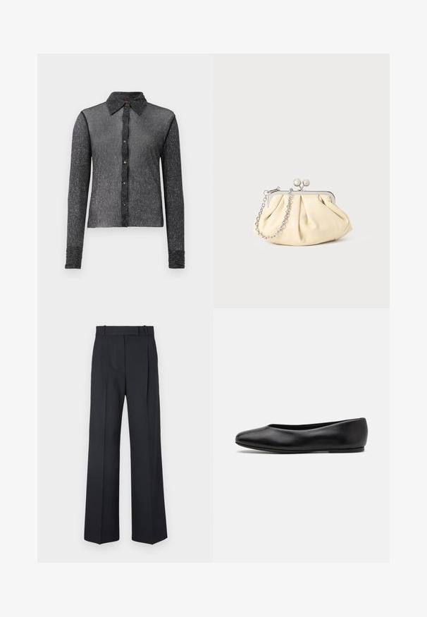 Black long-sleeve shirt made from a textured, sheer fabric with a button-down front and a classic collar. Features a subtle sheen and fitted design.; Dark blue pinstriped trousers with a high waist, wide leg design, and no visible hardware or embellishments. Smooth texture and tailored fit.; Paul Smith TOPANGA - Ballet pumps - black; Pleated beige leather clutch with a silver metal frame, featuring two round decorative clasps and a silver chain strap.