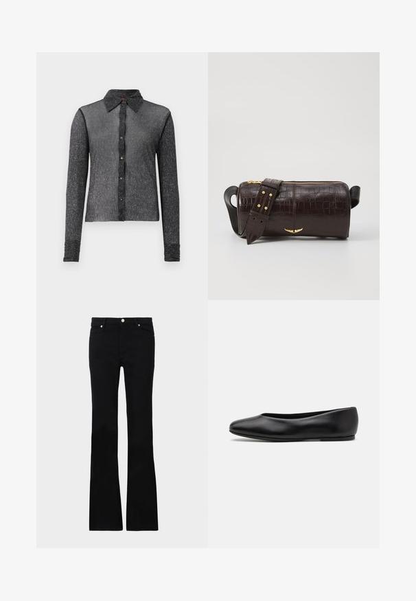 Zwarte langärmige shirt gemaakt van een gestructureerde, doorschijnende stof met een knoopsluiting aan de voorkant en een klassieke kraag. Heeft een subtiele glans en een aansluitend ontwerp.; Zwarte flared jeans van denim, met twee voorzakken, een knoopsluiting en een gladde textuur. Kenmerkende stiksels zichtbaar bij de naden.; Paul Smith TOPANGA - Ballerina's - black; Bruine krokodil-embosserende leren tas met een cilindervorm, gouden hardware en een afneembare schouderband met studs.