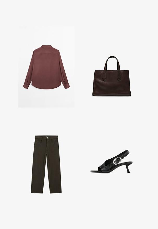 Camicia a maniche lunghe in tessuto borgogna scuro. Presenta un colletto classico, polsini con due bottoni e orlo curvo. Texture liscia, design minimalista.; Jeans a gamba larga di colore verde scuro, realizzati in tessuto misto cotone, dotati di chiusura con bottone frontale, cinque tasche e cuciture classiche in denim.; Scarpa slingback in pelle nera con punta aperta, dotata di una particolare fibbia ovale argento sulla cinghia e un tacco a rocchetto sottile. Texture liscia.; Borsa a spalla in pelle marrone con due manici lunghi, forma rettangolare strutturata, texture liscia e dettagli di cucitura sottili.