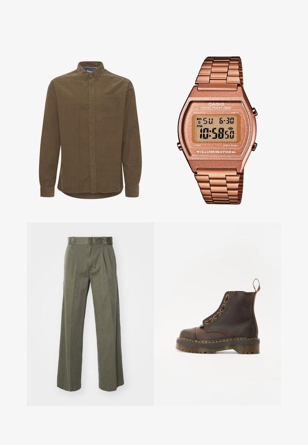 Camisa de algodón marrón de manga larga con cuello abotonado, un bolsillo en el pecho y un dobladillo ligeramente curvado. Presenta cierre frontal con botones.; Pantalones verde oliva con un diseño ancho y suelto de pierna ancha con pliegues delanteros. Confeccionados en un tejido texturizado, con una cinturilla estándar y sin elementos metálicos visibles.; Botín de cuero marrón hasta el tobillo con punta redonda, costuras amarillas en contraste, ojales de metal decorativos y suela de goma estriada.; Reloj digital Casio con una correa de metal en color oro rosa, caja rectangular, pantalla iluminada y resistencia al agua, que muestra la hora y la fecha.